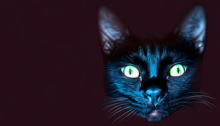 The eyes of a black cat glow in the dark on a black background with copy space. Generative AIの素材