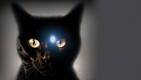 The eyes of a black cat glow in the dark on a black background with copy space. Generative AIの素材