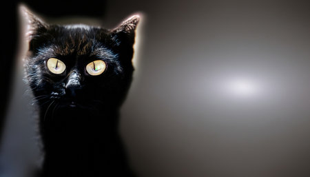 The eyes of a black cat glow in the dark on a black background with copy space. Generative AIの素材