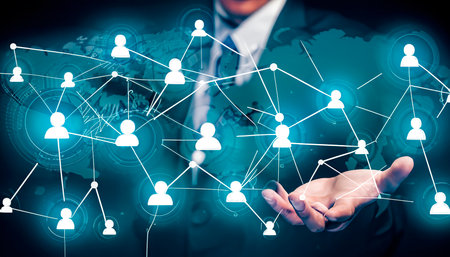 Social networking concept. Social media icons. Cyberspace. Internet icons with a businessman in the background. Generative AIの素材
