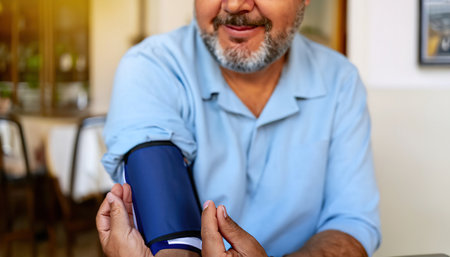 Middle age grey-haired man measuring pulse using tensiometer at home. Generative AIの素材