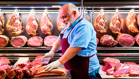 Typical happy looking butcher cutting a rack of ribs at his stand. Generative AIの素材