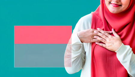 Unrecognizable woman with pink scarf isolated on blue background with empty box for copy space. Generative AIの素材