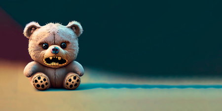 Scary looking teddy bear. Large copy space to put your text. Greeting card. AI generated illustration.の素材