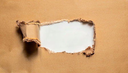 Close up view of a torn recycle brown paper with space on white. Generative AIの素材