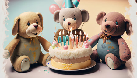 Stuffed animals celebrating a birthday with cake in the center. Teddy bear and his friends at fun birthday party. Generative AIの素材
