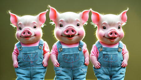 The characters from the tale of the three little pigs. Generative AIの素材