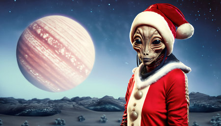 Female alien dressed as a Christmas elf with a planet in the background. Merry Christmas and Happy New Year. Illustration from generative AIの素材