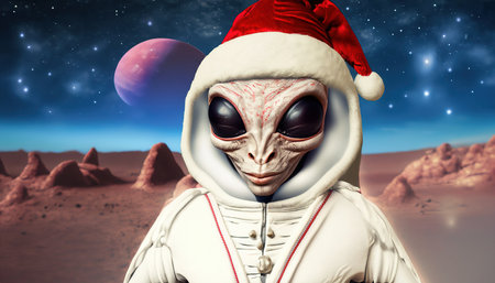 Alien dressed as a Christmas elf with a planet in the background. Merry Christmas and Happy New Year. Illustration from generative AIの素材