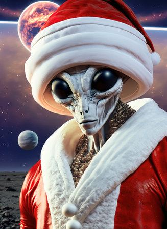 Offbeat illustration of an alien disguised as Santa Claus in the space. Merry Chistmas. Happy New Year. Generative AIの素材