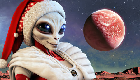 Funny female alien disguised as a Christmas elf in the space with a planet in the background. Offbeat Christmas greeting card. Illustration from generative AIの素材