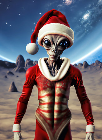 Bizarre alien disguised as a Christmas elf. Rare Alien dressed as Santa Claus. Uncommon greeting card. Merry Christmas and Happy New Year. Illustration from generative AIの素材