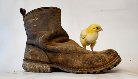 Cute little chick in an old boot isolated on light background. Free copy space. Generative AIの素材