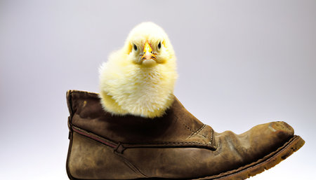 Cute little chick in an old boot isolated on light background. Free copy space. Generative AIの素材