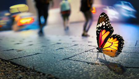 Night scene with a butterfly on the asphalt and lights in the background. Generative AIの素材
