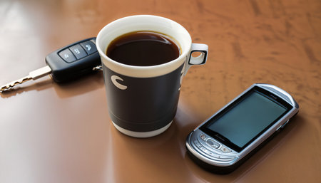 Cup of hot coffee next to car keys and mobile phone. Lifestyle. Generative AIの素材