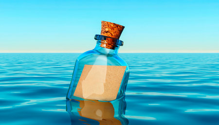 Transparent glass bottle with a cork floating in the sea with a blank piece of paper inside where you can write your message. Generative AIの素材