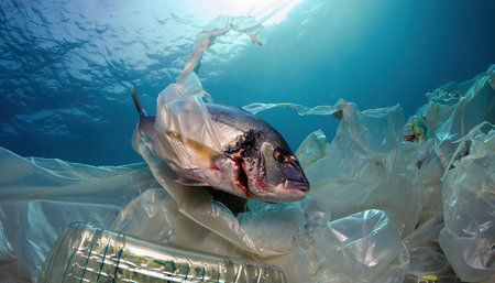 Dead fish at the bottom of the sea surrounded by plastics and garbage. Pollution of the seabed.の素材