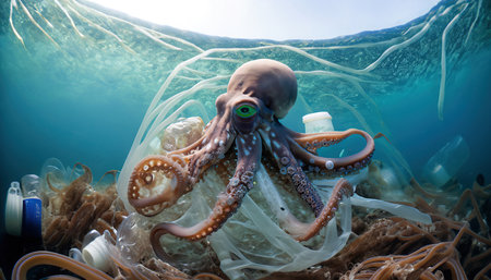 Octopus at the bottom of the sea tangled in plastic. Polluted be. Environmental pollution.の素材