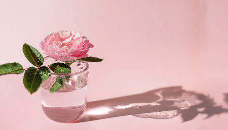 Glass with water and a pink rose flower on pink background with free copy space.の素材