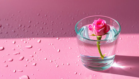 Glass with water and a pink rose flower on pink background with free copy space.の素材