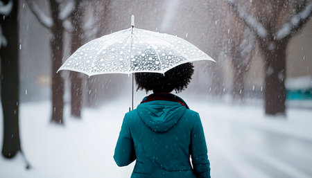Woman from back with umbrella in a park on a snowy dayの素材