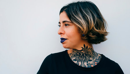 Offbeat close-up portrait of a woman of unusual style. People with tattoos. Tattooed girl of unusual style. Eccentric lady with a depressed appearance.の素材