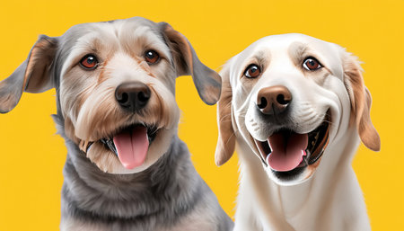 Two funny dogs looking at the camera, isolated on yellow backgroundの素材
