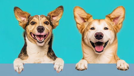 Two funny dogs looking at the camera, isolated on blue backgroundの素材