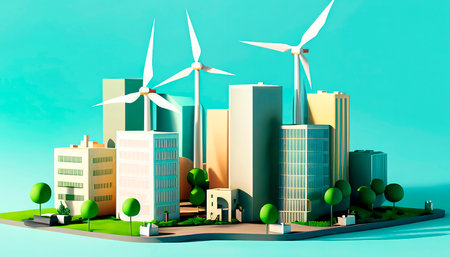Minimalist illustration of an ecological and sustainable city with alternative energies and green areasの素材