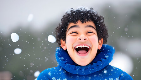 Boy enjoying herself under a snowfall. Snowy winter day.の素材