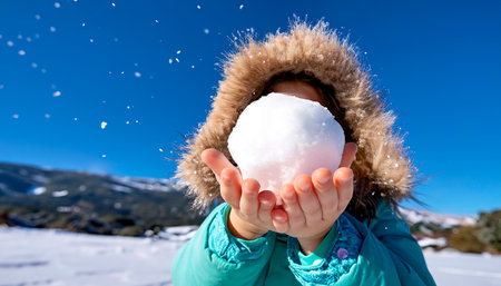 Girl enjoying in the snow with a big snowball in her handsの素材