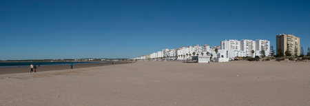 Panorama. Panoramic view of the beautiful Valdelagrana beach, located in El Puerto de Santa MarÃ­a, in the province of Cadiz, autonomous community of Andalusia, Spainの写真素材