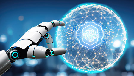 Robot Hand Holding An Artificial Intelligence Sphere. AI Concept.の素材