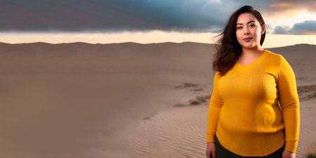 Panorama. Close-up portrait of a plus size female model wearing yellow clothes and in the background a desert landscape with a stunning sunset. Large copy space. Blank space for text. Panoramic viewの素材