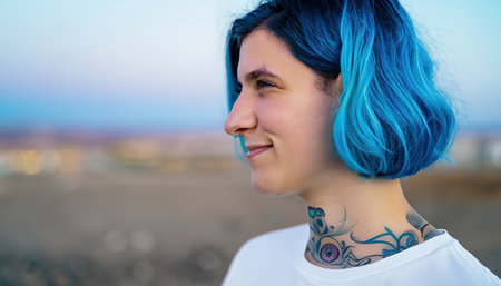 Close-up portrait of a tattooed girl with blue dyed hairの素材