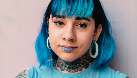 Close-up portrait of a tattooed girl with blue dyed hairの素材