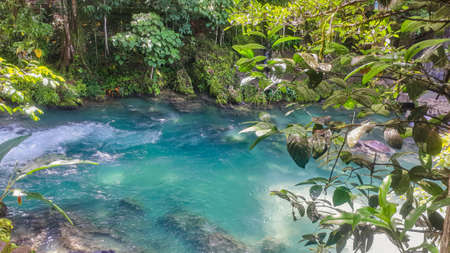 crystal clear turquoise stream in the jungleの写真素材