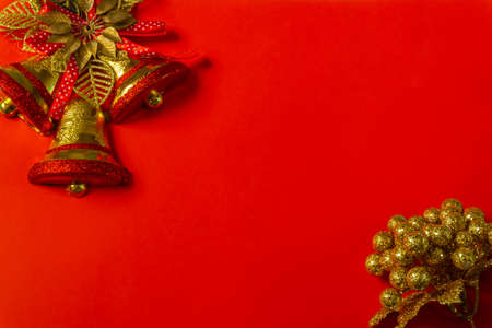 red christmas background decoration of bells gift boxの写真素材