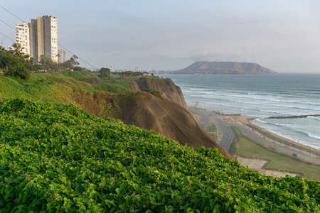 View of the ocean from the Miraflores District Peru, a cliff, tree and green grassの写真素材