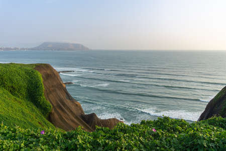 View of the ocean from the Miraflores District Peru, a cliff, tree and green grassの写真素材