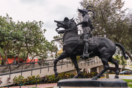 FRANCISCO PIZARRO STATUE IN LA MURALLA PARK LIMA PERU TREES BACKGROUNDのeditorial素材
