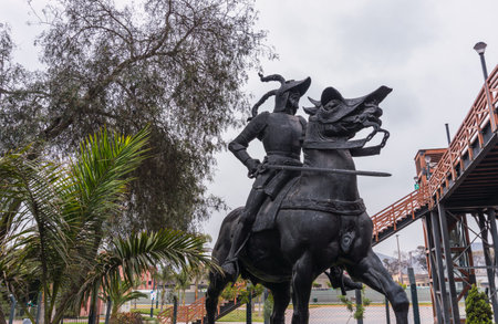 FRANCISCO PIZARRO STATUE IN LA MURALLA PARK LIMA PERU TREES BACKGROUNDのeditorial素材