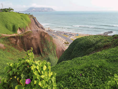 Landscape view of the ocean from Grau Park in Miraflores Lima Peru. Green leaves foreground. Costanera Road. Cliff full of green grassの写真素材