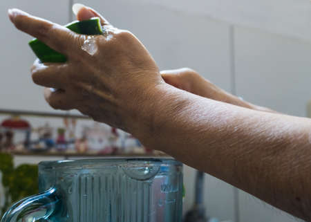 Unrecognizable adult woman pouring aloe gel into a blender jar with a spoon in a kitchenの写真素材