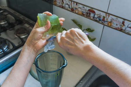 Unrecognizable adult woman pouring aloe gel into a blender jar with a spoon in a kitchenの写真素材