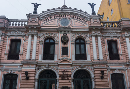 Lima, Peru - June 31, 2021: Front view of La Casa de la Gastronomia Peruana, This institution aims to disseminate and promote Peruvian culinary heritage. Its locates in the old Casa de Correos y Telegrafos, in Conde de Superunda Street 170 Lima Downtownのeditorial素材