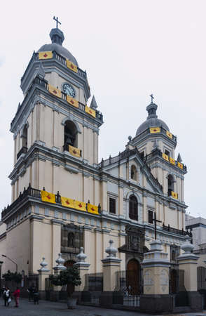 Facade of The Minor Basilica and Convent of San Pedro in Azangaro street, downtown Lima, Peru, church dome, front view.の写真素材