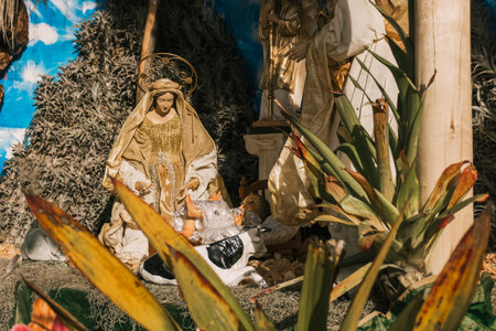 Life size decoration with statues of holy family of jesus, surrounded with animals and plants.の写真素材