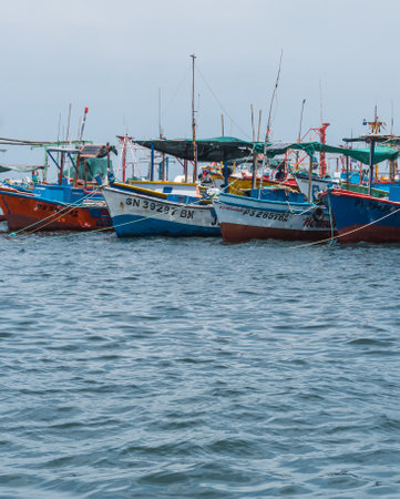 Colored boats at El Chaco beach, Paracas Ica Peruの写真素材